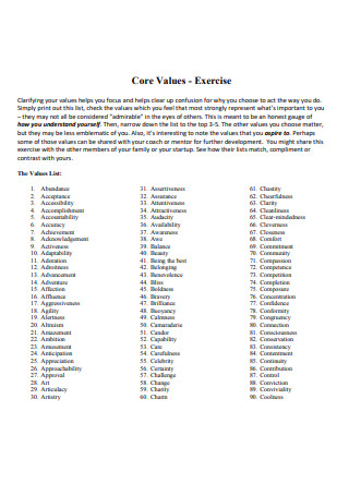 Core Value Exercise List Sample