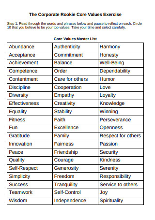 Corporate Rookie Core Values Exercise List