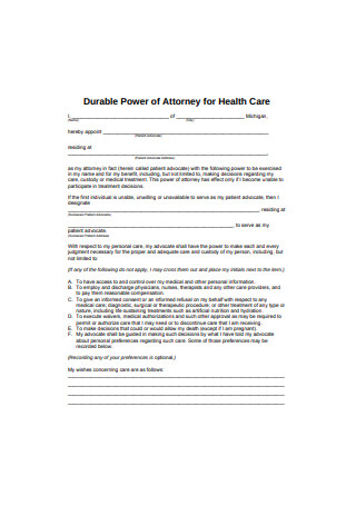 Durable Power of Attorney for Health Care Form