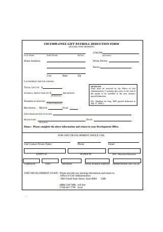 Employee Gift Payroll Deduction Form Example