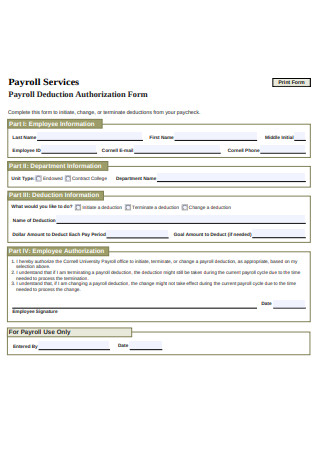 Employee Payroll Deduction Authorization Form Example