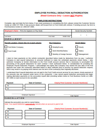 Employee Payroll Deduction Authorization Form Sample