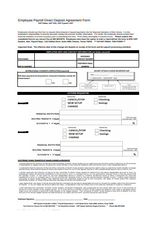 Employee Payroll Direct Deposit Agreement Form