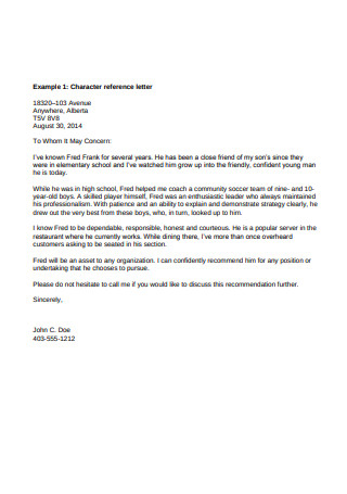 Example of Character Reference Letter