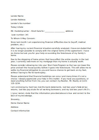 Hardship Letter for Short Sales