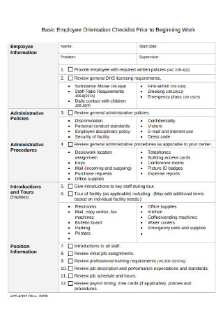 Human Services Department Orientation Checklist
