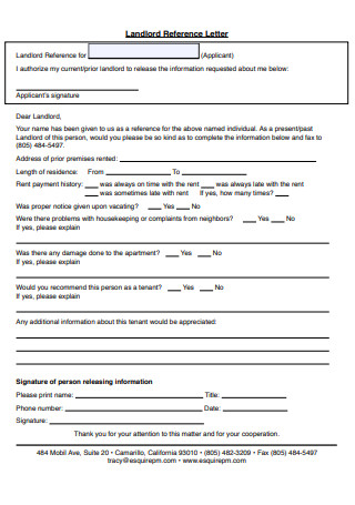 Landlord Reference Letter Form in PDF