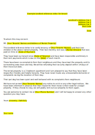 Landlord Reference Letter for Tenant