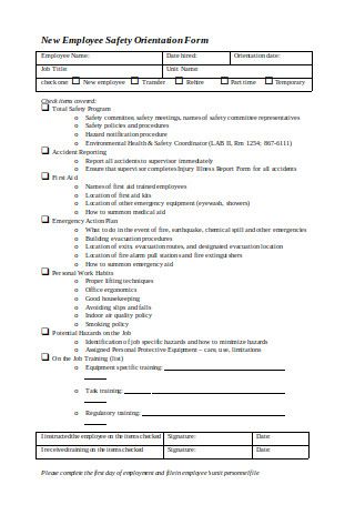 New Employee Safety Orientation Form