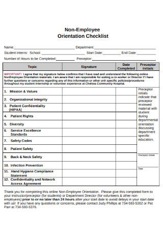Non Employee Orientation Checklist