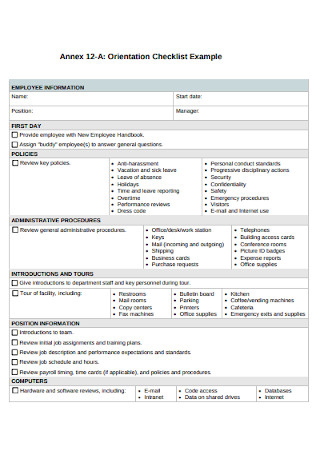 Orientation Checklist Example