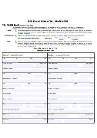 Personal Bank Financial Statement