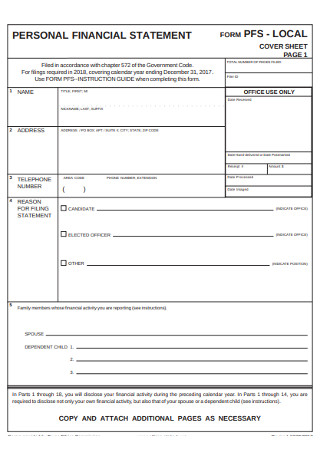 Personal Financail Statement Cover Sheet