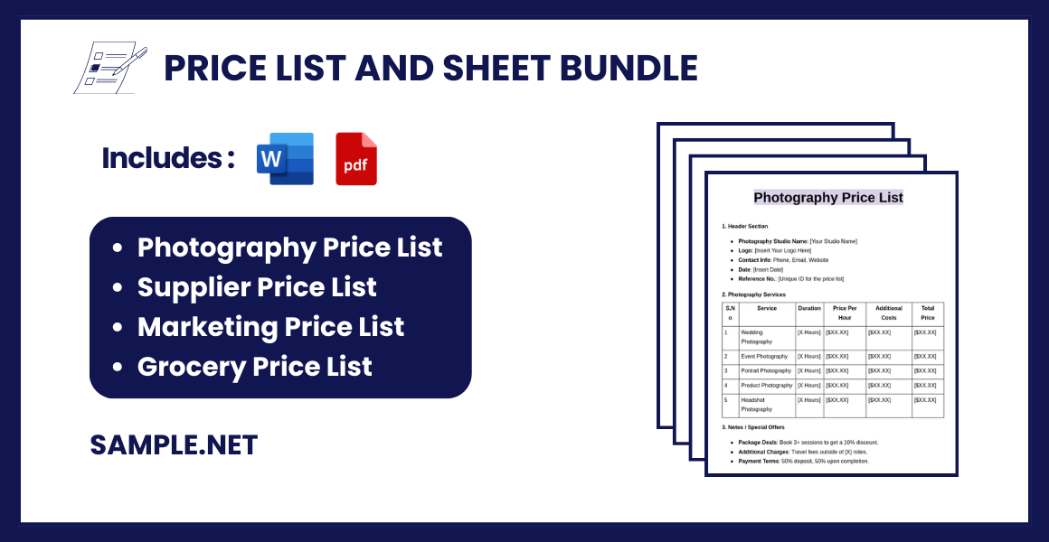 price list and sheet bundle