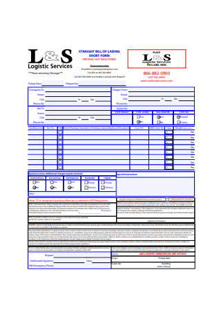 Printable Straight Bill of Lading Short Form Example