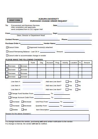 Purchase Change Order Request Form Sample