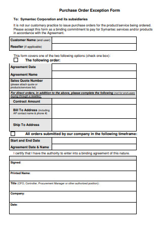 Purchase Order Exception Form