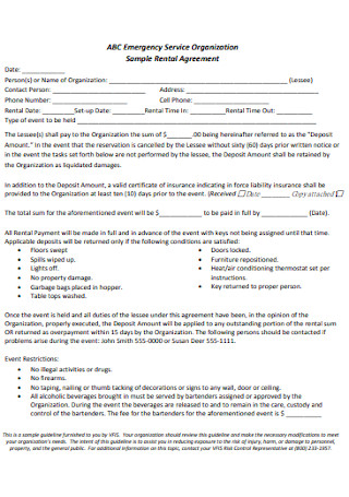 Rental Hall Agreement for Emergency Service