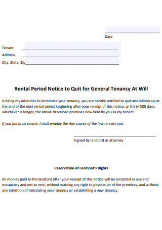 Rental Period Notice to Quit for General Tenancy
