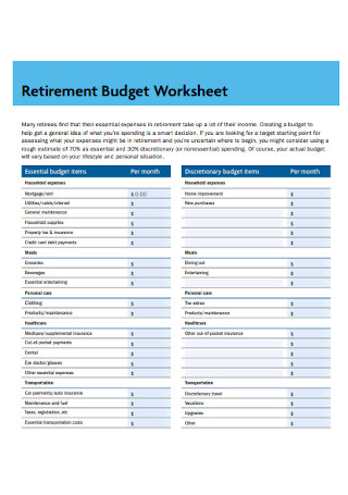 Retirement Budget Worksheet