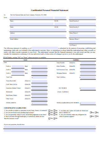 Sample Confidential Personal Financial Statement