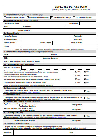 Sample New Employee Details Form