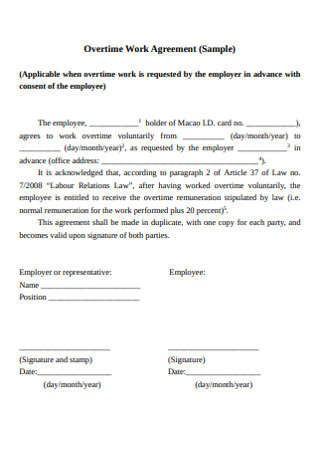 Sample Overtime Work Agreement 