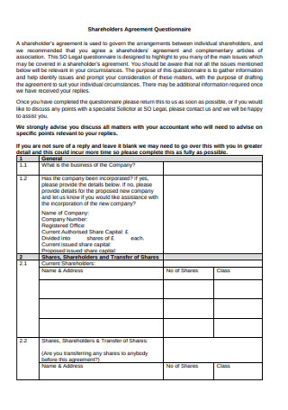 Shareholders Agreement Questionnaire