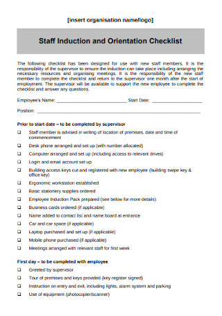Staff Induction And Orientation Checklist
