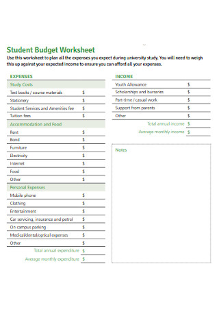 Student Budget Worksheet
