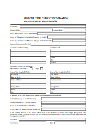 Student Employment Information Form Sample
