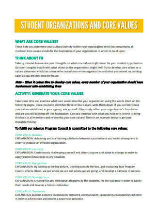 Student Organizations and Core Values