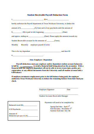 Student Receivable Payroll Deduction Form