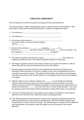 SubLease Agreement