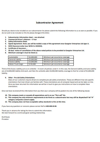 Subcontractor Enterprises Agreement