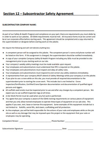Subcontractor Safety Agreement