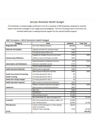 Worksite Health Budget