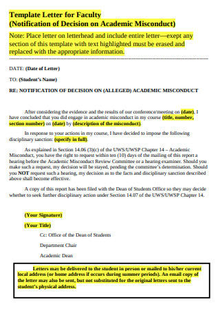 misconduct letter sample template warning academic ms templates word pdf