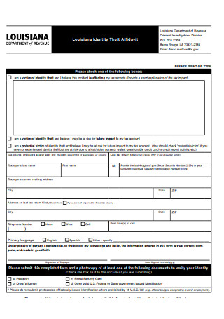 Affidavit of Revenue Department Identity Form