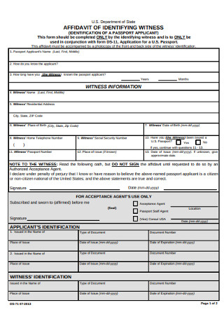 Affidavit of identification Witness Form