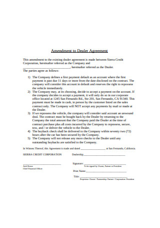 Amendment to Dealer Agreement