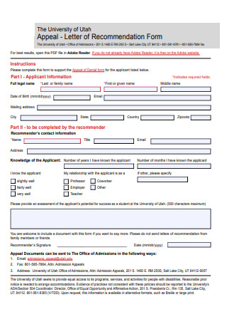 Appeal Letter of Recommendation Form