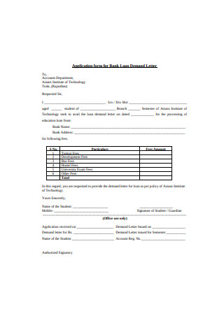 Application form for Bank Loan Demand Letter