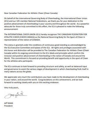 Athletic Cheer Recognization letter