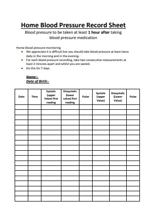 Blood Pressure Record Sheet