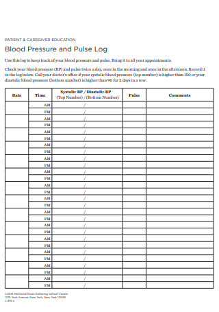 Blood Pressure and Pulse Log