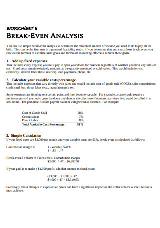 Break Even Analysis Worksheet