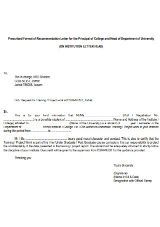 College Principal Recommendation Letter