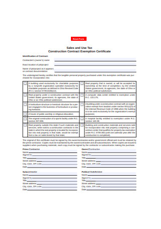 Construction Contract Exemption Certificate Form