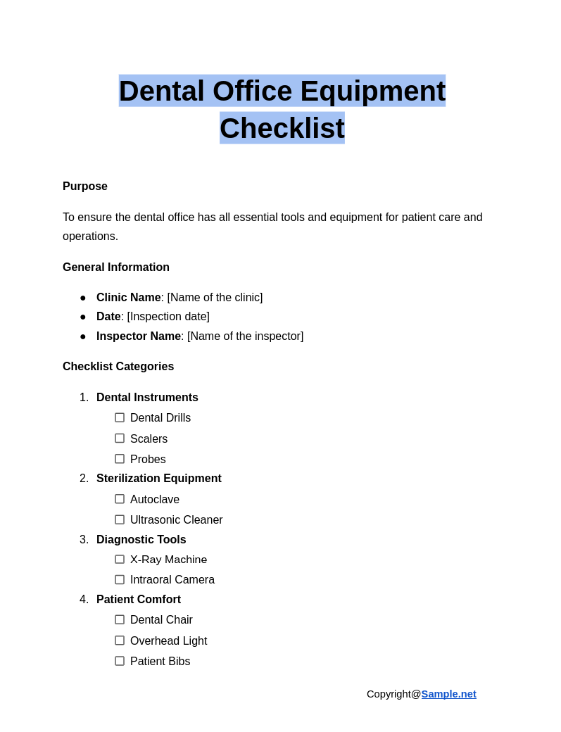 Dental Office Equipment Checklist Google Docs 01 13 2025 11 17 AM